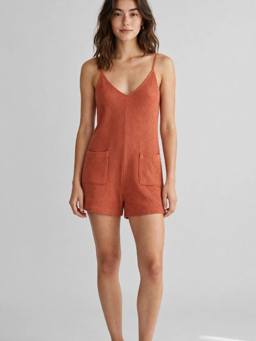 Sodtau Coral Waffle Rib Knit Romper Pockets L